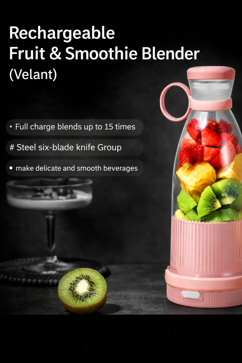 Portable Rechargeable Fruit & Smoothie Blender with 6-Blade High-Speed Motor & USB Charging (Velant)